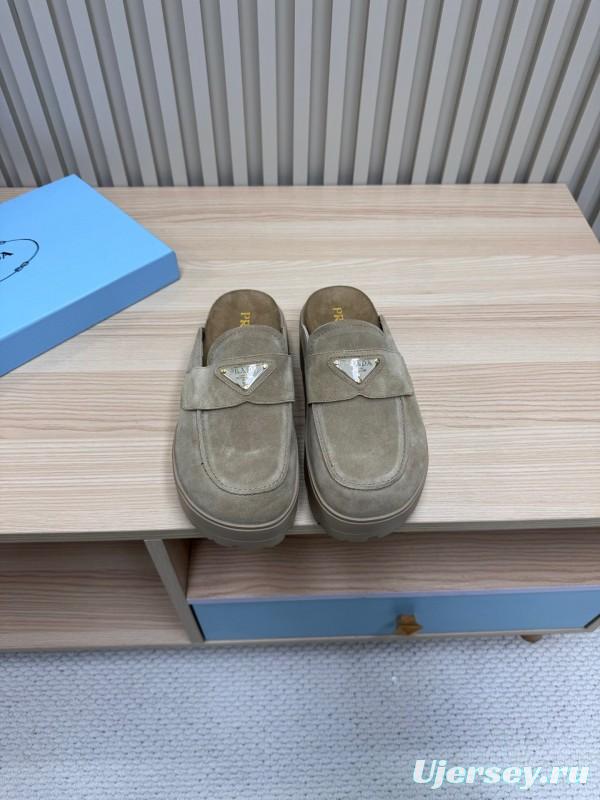 2025 Women Prada Khaki Suede Platform Loafers