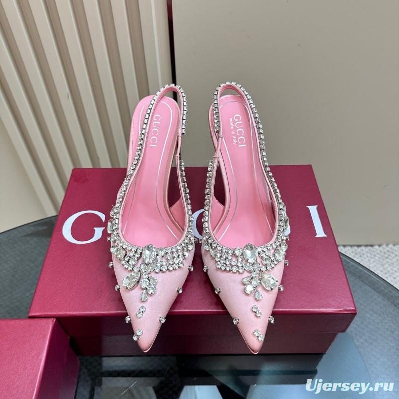 2025 Women Gucci Pink Silk High Heel Slingback Crystal LY00340