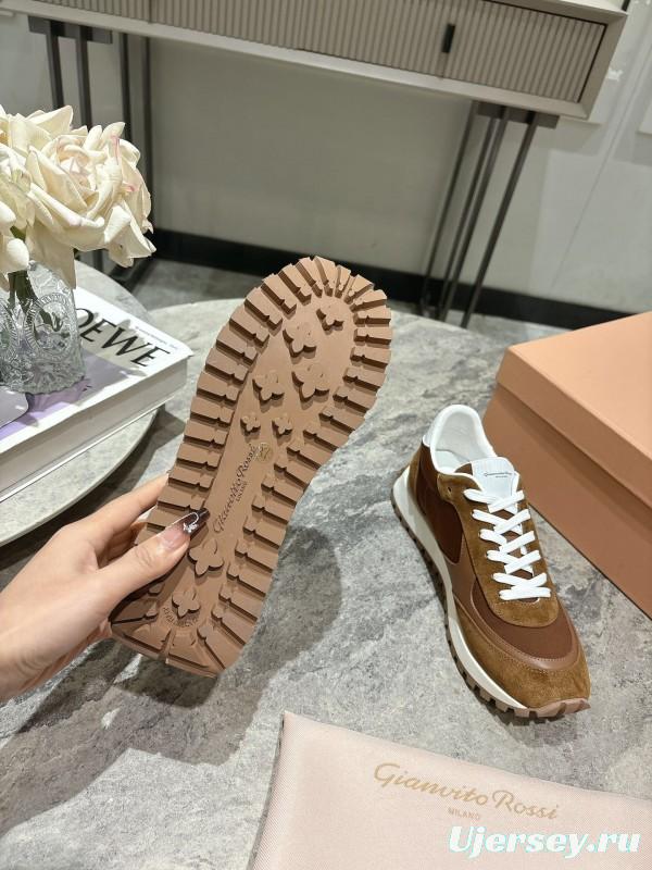 2025 Unisex Gianvito Rossi Brown White Leather Suede Mesh Sneakers KFY00340