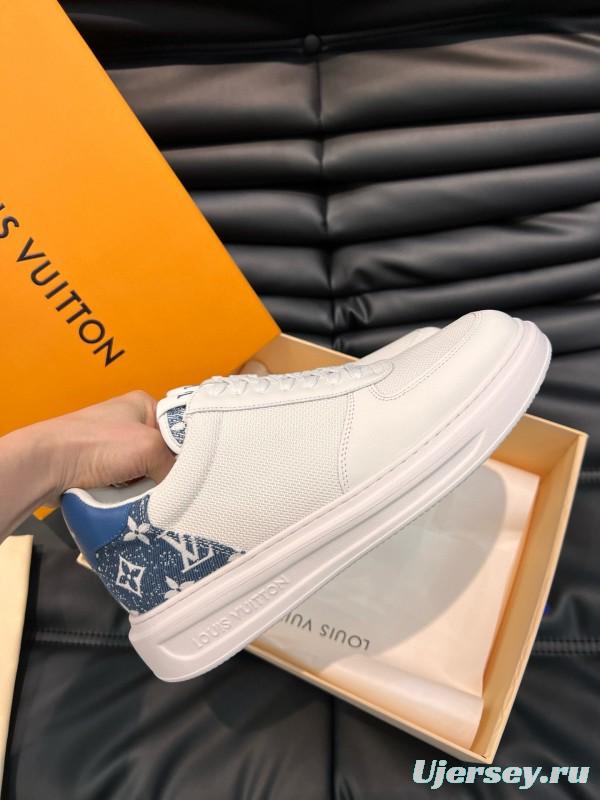 2024 Men Louis Vuitton White Blue Mesh Leather Sneakers MJ00400