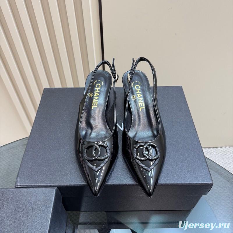 2025 Women Chanel Black Patent Leather Slingback Pumps