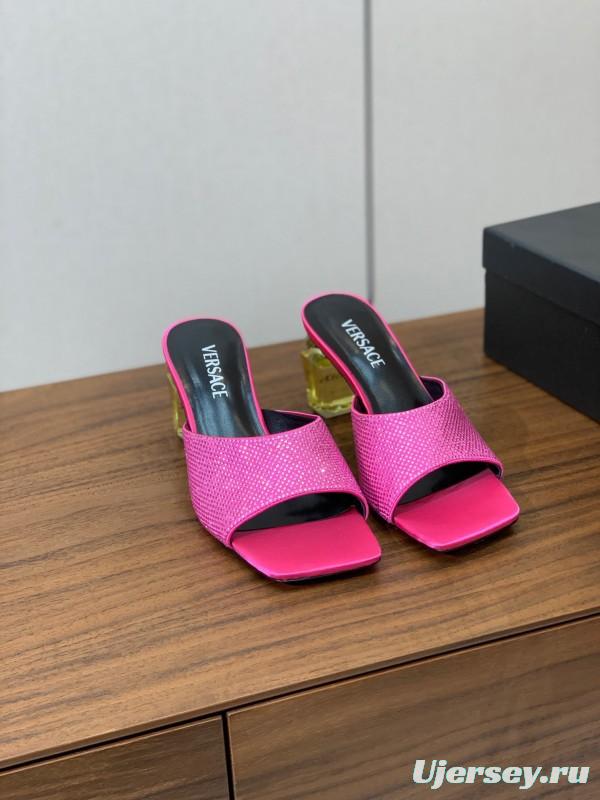 2025 Women VERSACE Pink Silk Leather Mules Crystal Embellishment KFY00300