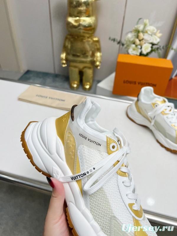 2025 Women Louis Vuitton White Gold Mesh Leather Sneakers LY00340