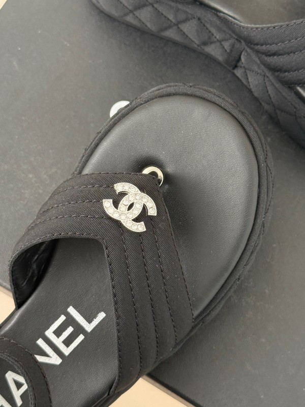 2025 Women Chanel Black Fabric Platform Sandals