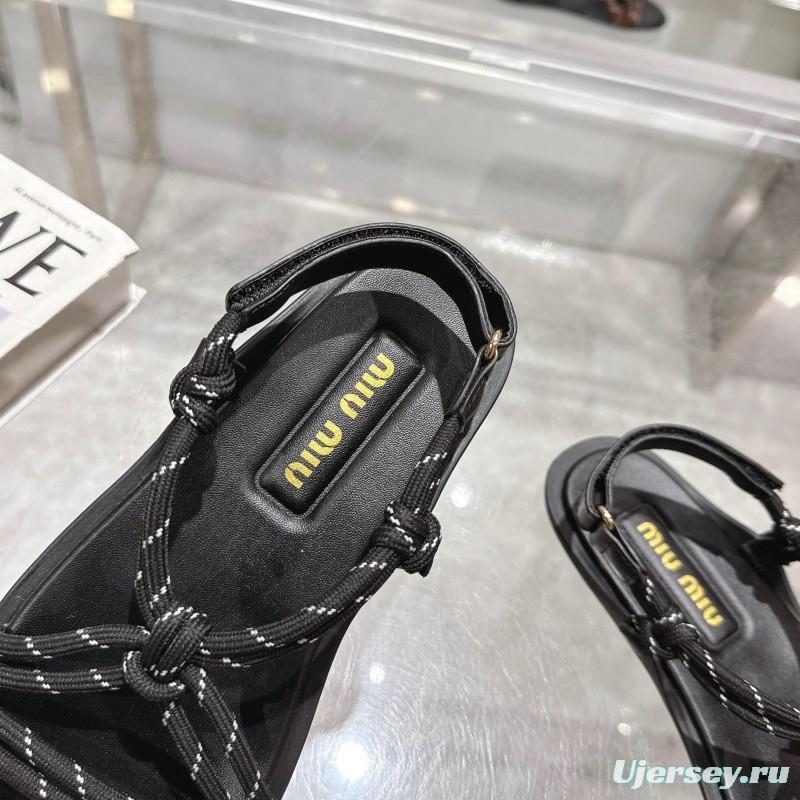 2025 Women Miu Miu Black Leather Rope Sandals