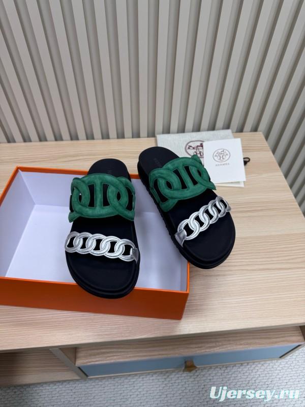 2025 Slippers Hermès Green Black Suede Leather Slippers