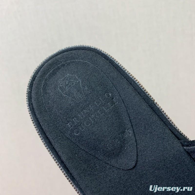 2025 Women BRUNELLO CUCINELLI Black Suede Platform Slide Sandals Casual Craftsmanship KFY00275(F)