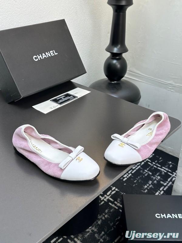 2025 Women CHANEL White Purple Leather Bow Ballet Flats Unisex LY00360(F)
