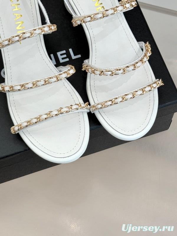 2025 Women Chanel White Leather Chain Strap Sandals