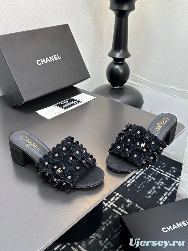 2025 Women Chanel Black Suede Heeled Slippers