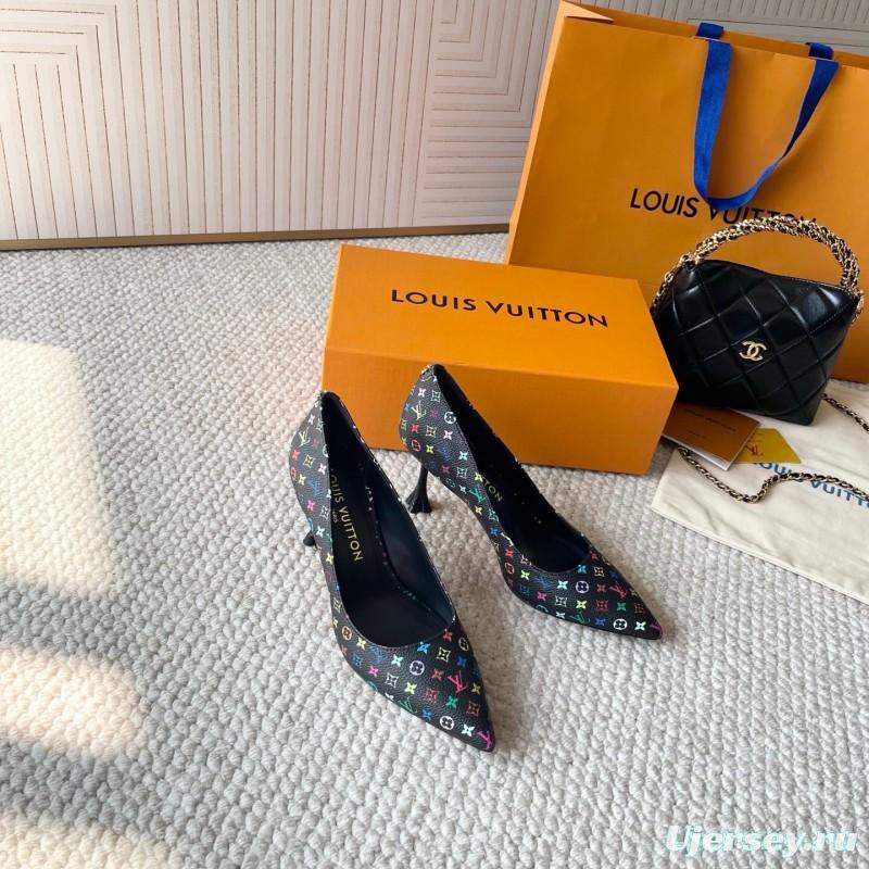 2025 Women Louis Vuitton Multicolor Canvas Leather Pumps