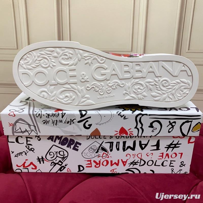 2025 Women Dolce & Gabbana White Red Leather Sneakers Floral LY00300