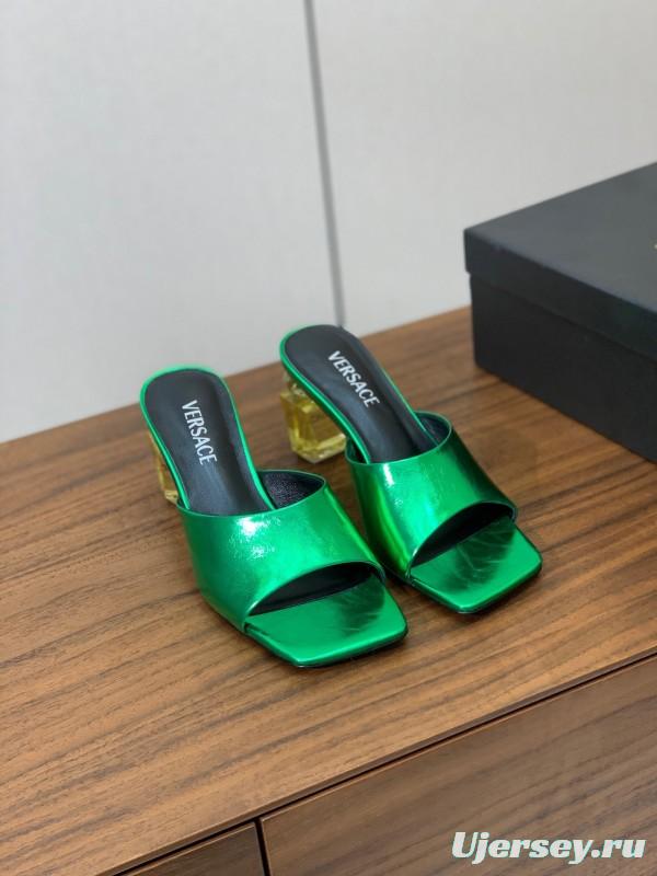 2025 Women VERSACE Green Leather Slippers