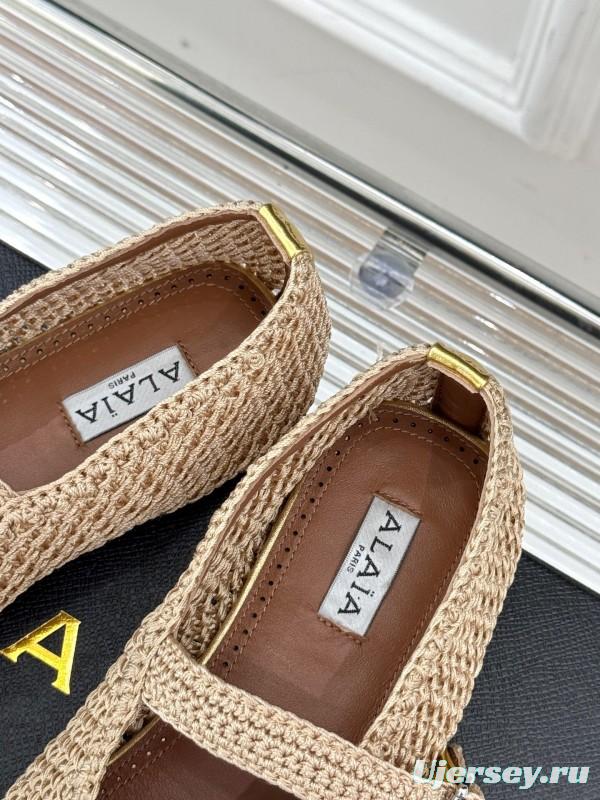 2025 Women AlAIA Beige Woven Leather Mary Jane Shoes