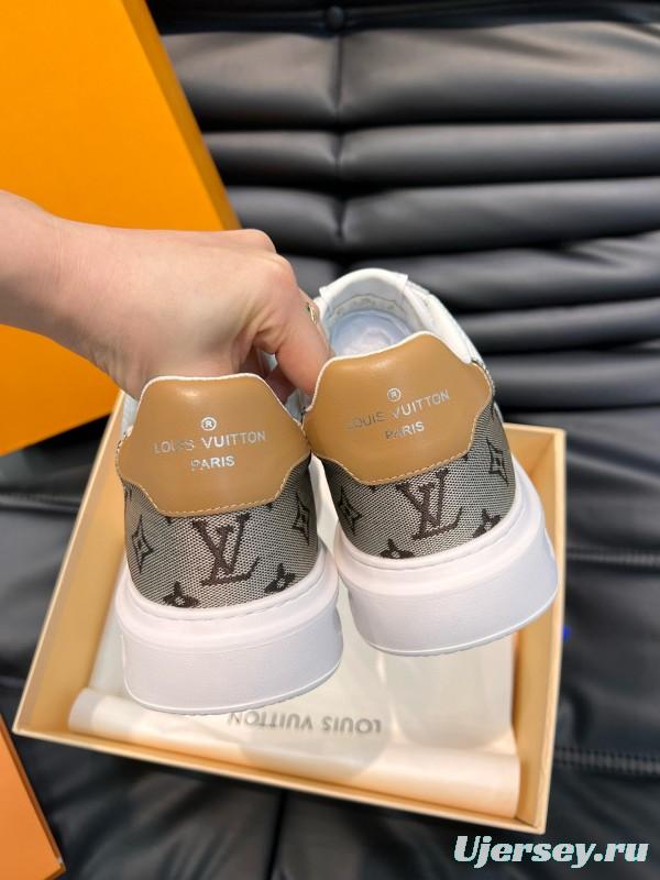 2024 Unisex Louis Vuitton White Brown Mesh Leather Sneakers MJ00400