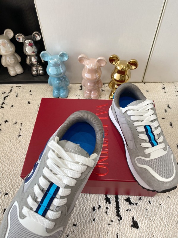 2025 Unisex Valentino Grey Blue White Leather Silk Glossy Running Sneakers LY00340
