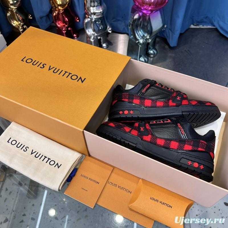 2025 Unisex Louis Vuitton Black Red Leather Sneakers