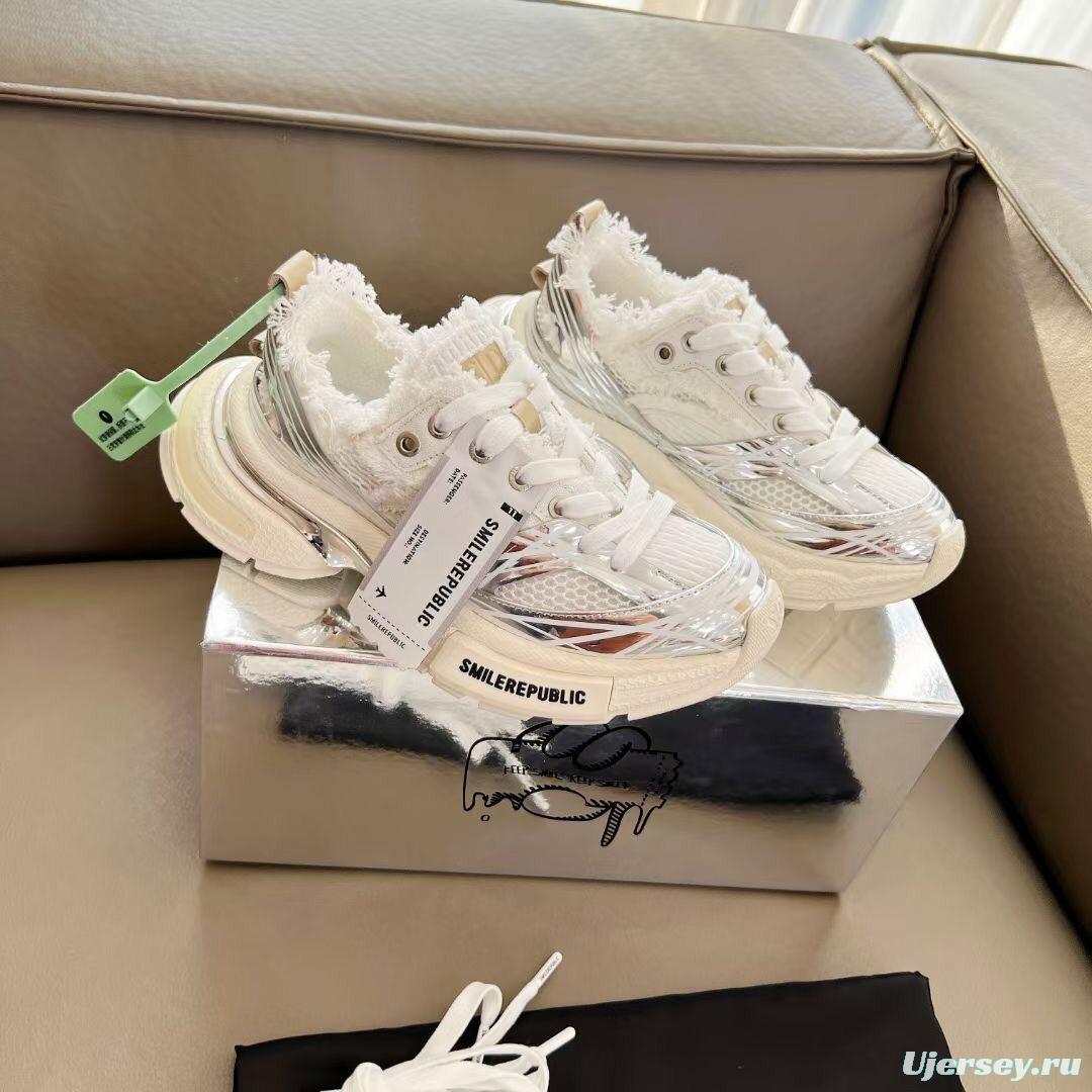 2025 Unisex Smilerepublic White Silver Mesh Leather Fur Sneakers