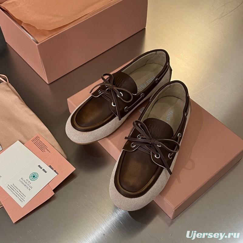 2025 Women Miu Miu Brown Beige Leather Canvas Loafers LY00230