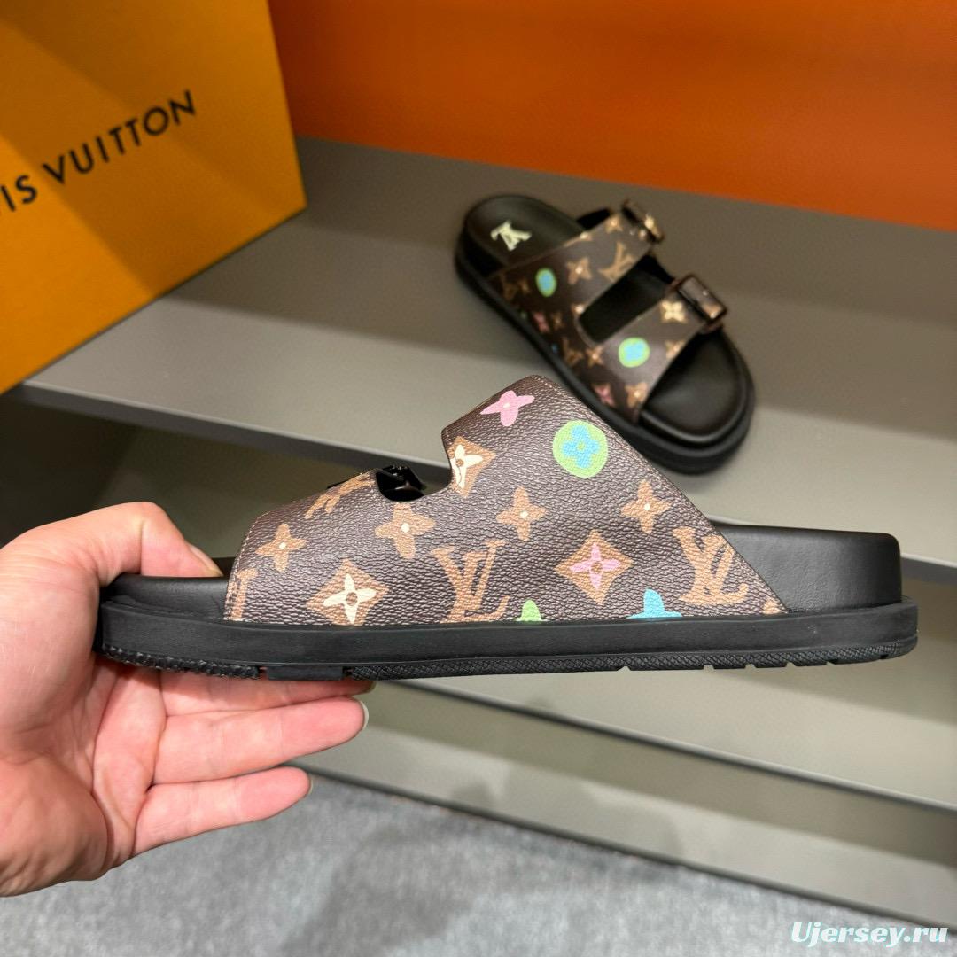 2024 Men Louis Vuitton Brown Black Rubber Leather Sandals Oblique MJ00210