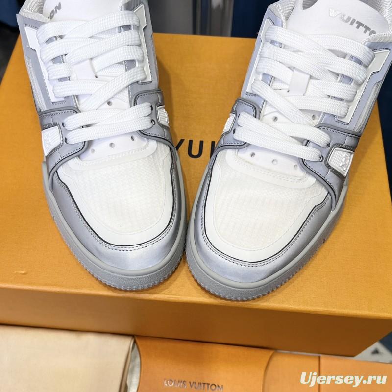2025 Unisex Louis Vuitton White Light Grey Mesh Leather Trainer