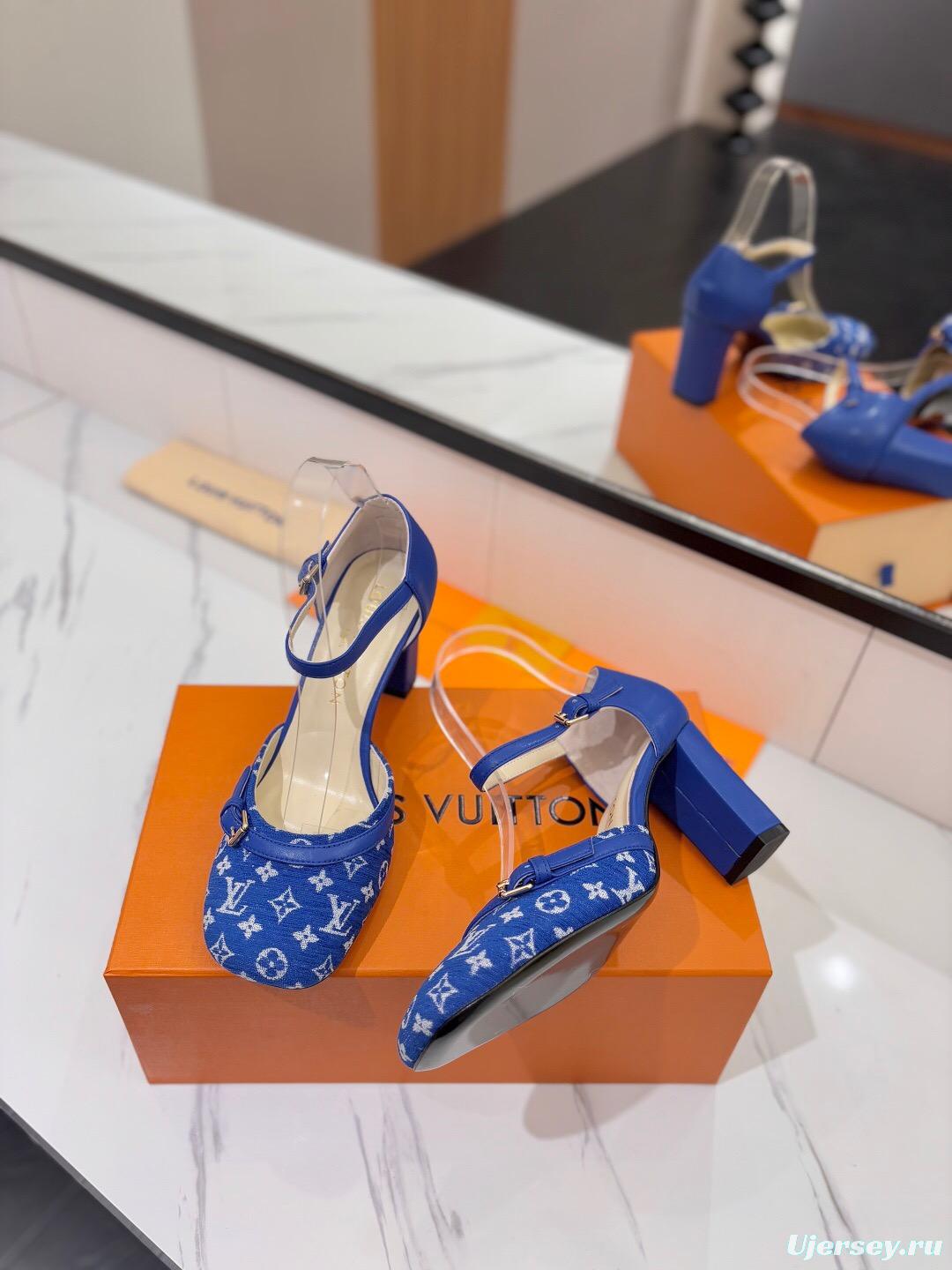 2025 Women Louis Vuitton Blue Denim Leather Heels KFY00310