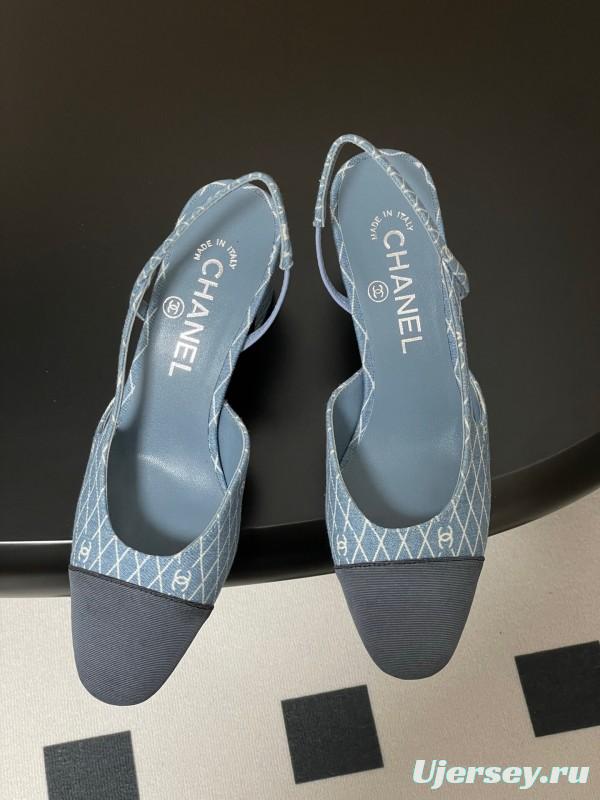 2025 Women Chanel Light Blue Denim Leather Sling-back Heels