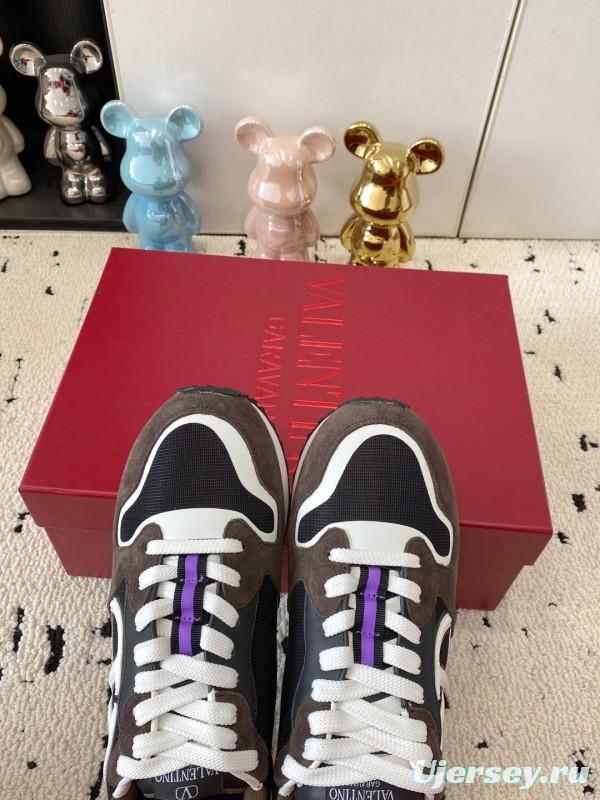 2025 Unisex Valentino Black Brown Purple Suede Leather Mesh Sneakers