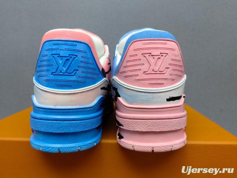 2025 Unisex Louis Vuitton Pink Blue Leather Canvas Plimsolls Hand Painted KFY00620