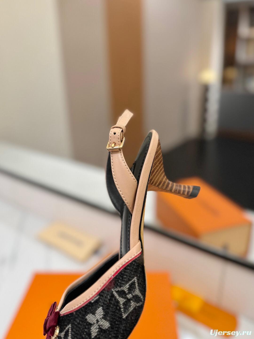 2025 Women LV Black Pink Denim Leather Slingback Heels KFY00310