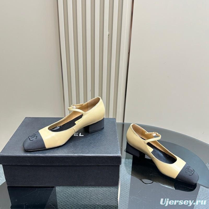 2025 Women Chanel Beige Black Leather Mary Jane Shoes KFY00290