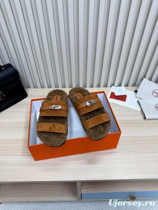 2024 Slippers Hermès Brown Suede Shearling Slippers MJ00300