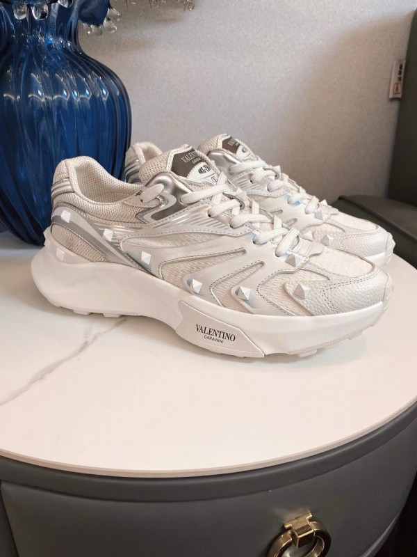 2024 Unisex Valentino White Silver Mesh Leather Sneakers MJ00410