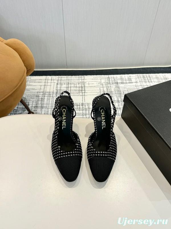 2025 Women Chanel Black White Tweed Leather Slingback Pumps