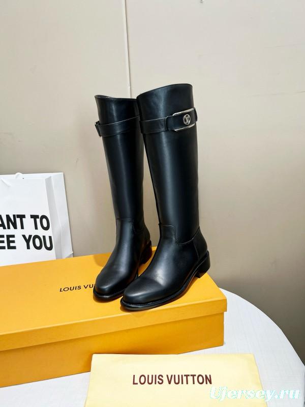 2024 Women Louis Vuitton Black Full Grain Leather Knee High Boots MJ00400