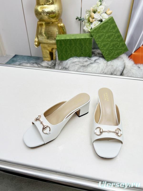 2025 Women Gucci White Leather Heeled Slippers MJ00180