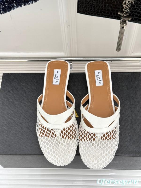 2025 Slippers AlAIA White Leather Mesh Flat Shoes