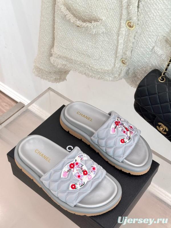 2025 Slippers Chanel Silver Floral Embroidery Leather Slippers KFY00260