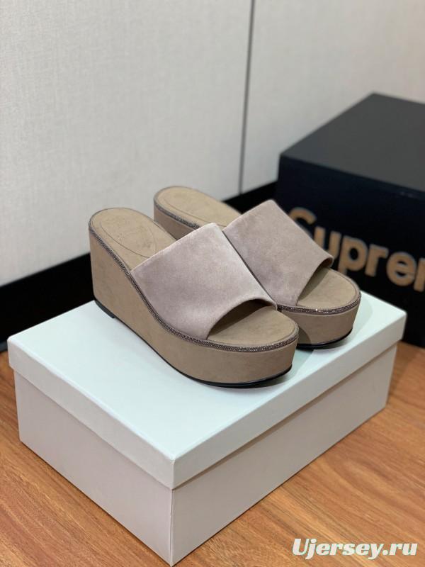 2025 Women BRUNELLO CUCINELLI Beige Suede Platform Slide Sandals Casual Handmade KFY00275 (F)