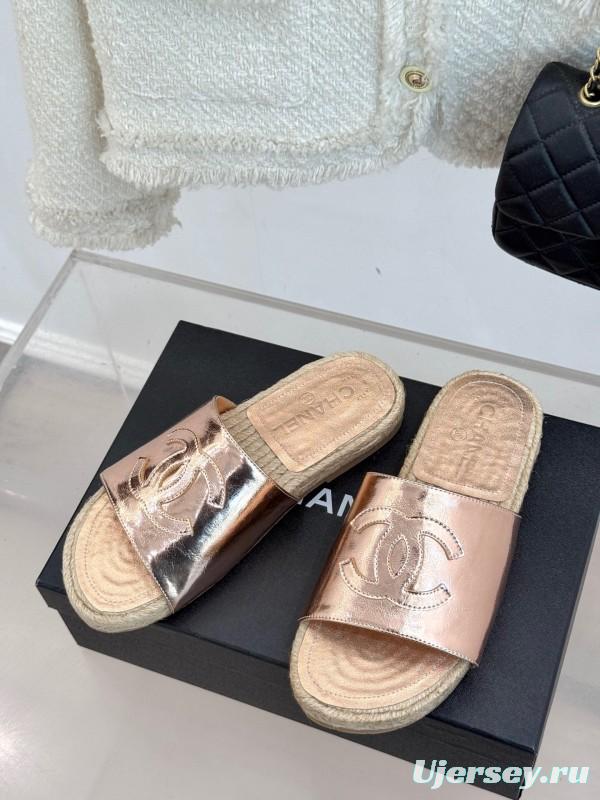 2025 Slippers Chanel Rose Gold Leather Women Espadrille Handmade KFY00230
