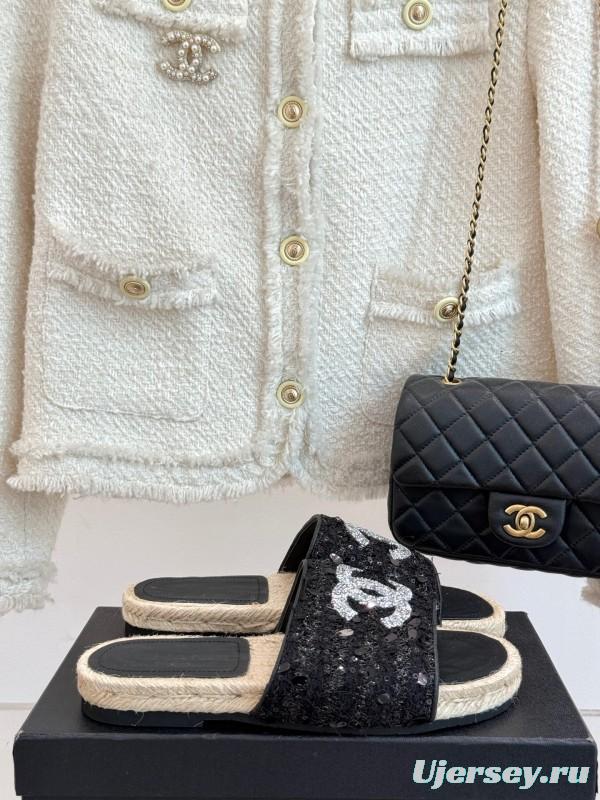 2025 Women Chanel Black Sequin Espadrille Slides Classic Double C Logo Handmade Braided Sole KFY00240(F)