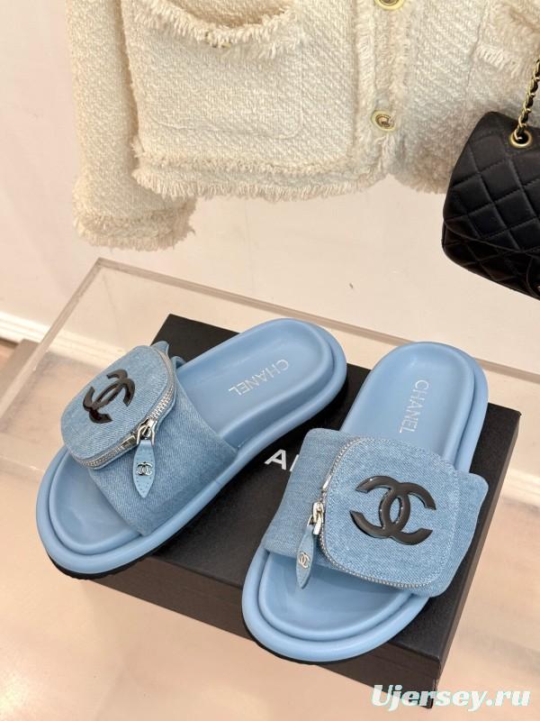 2025 Slippers Chanel Light Blue Denim Slippers KFY00220