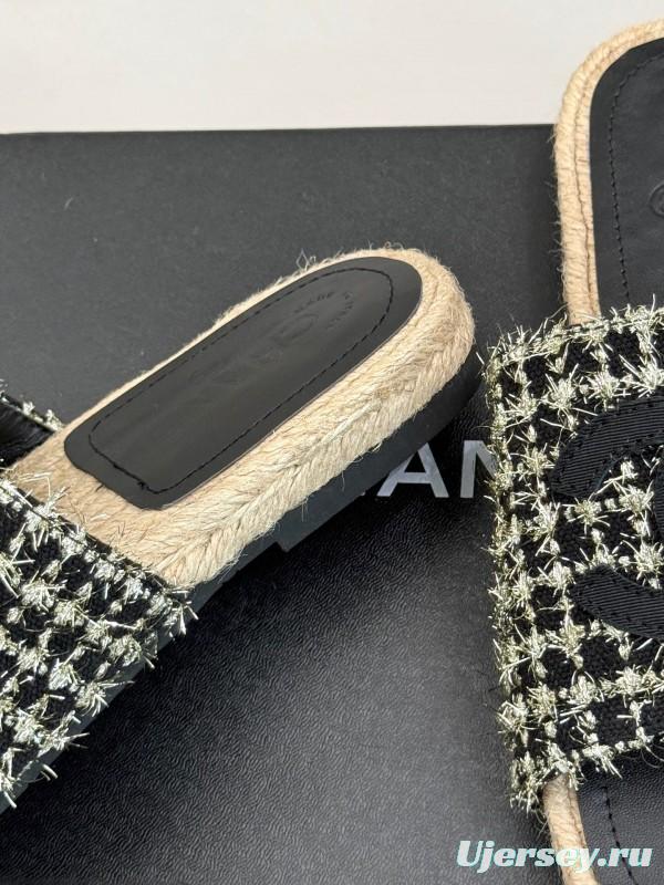 2025 CHANEL Black White Tweed Slippers