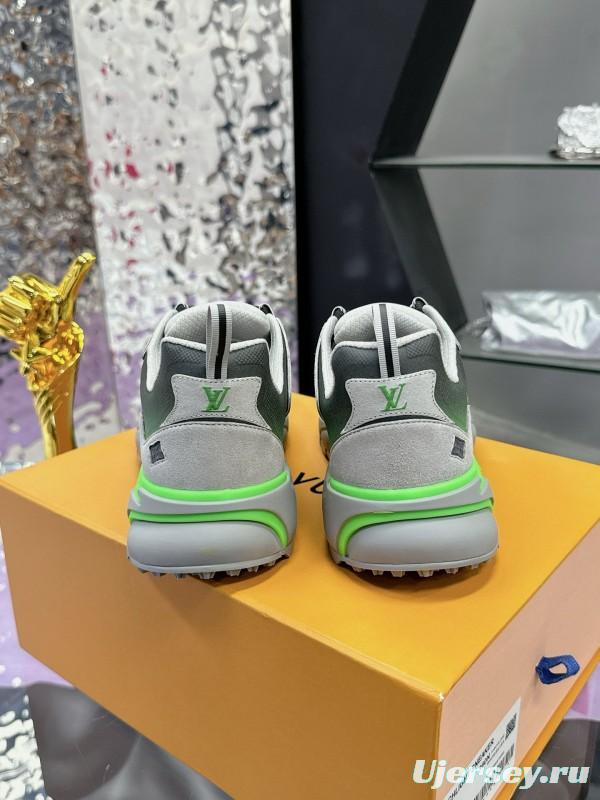 2025 Men Louis Vuitton Green Grey Mesh Leather Sneakers MJ00420