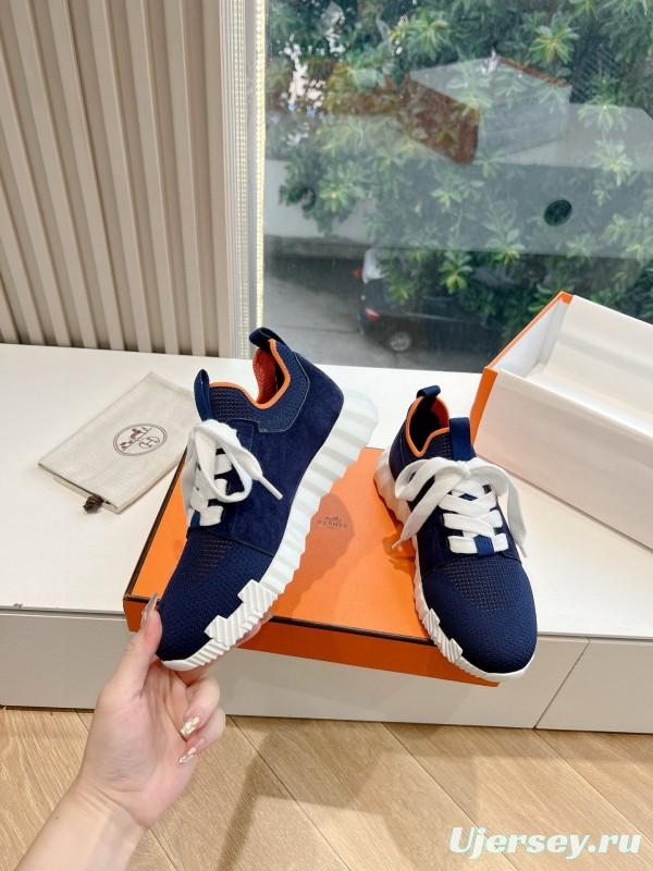 2024 Unisex Hermès Navy Brown Calfskin Suede Knit Sneakers MJ00290