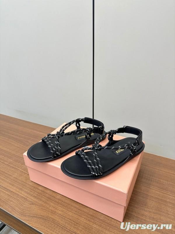 2025 Women Miu Miu Black Leather Rope Sandals