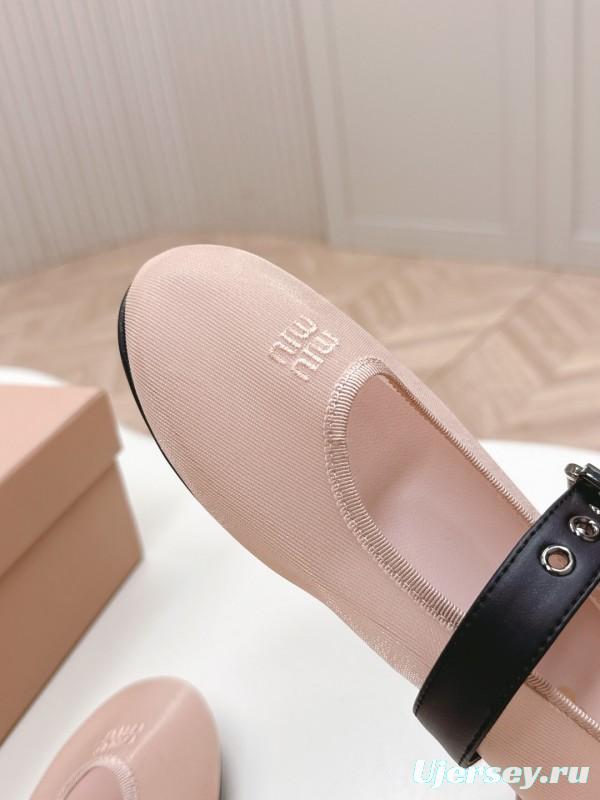 2025 Women Miu Miu Pink Black Fabric Leather Ballet Flats
