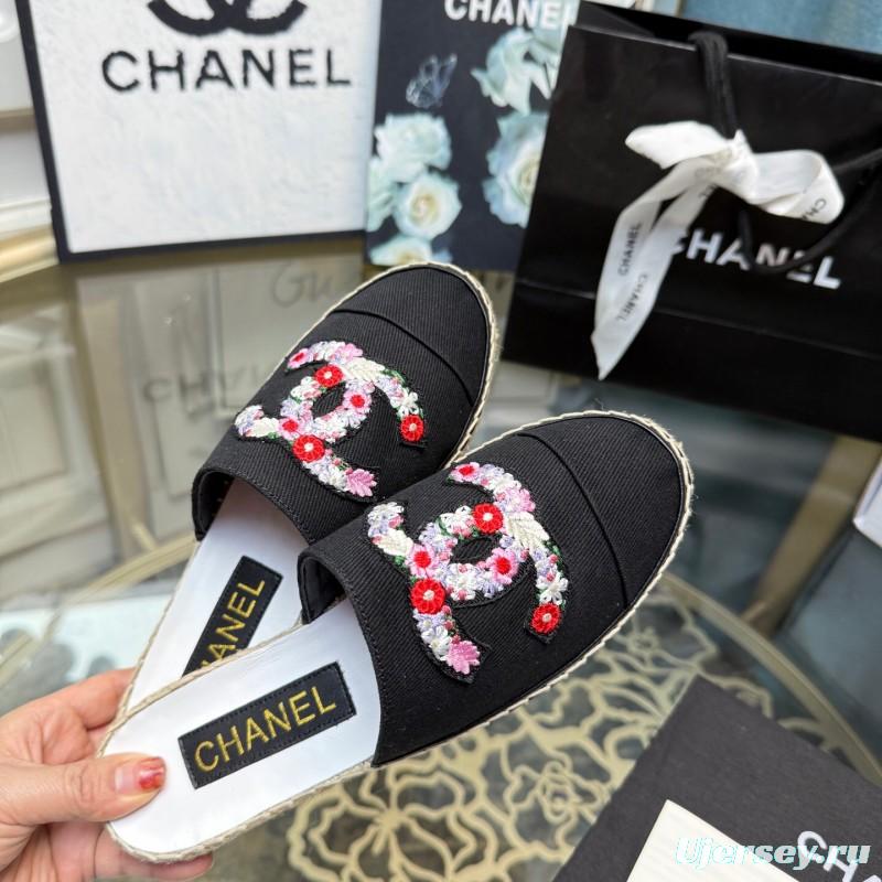 2025 Women Chanel Black Canvas Espadrille Sequins Mule