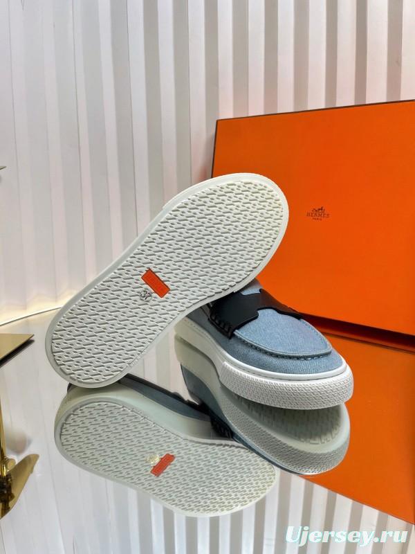 2025 Women Hermès Blue Black Leather Denim Loafers LY00310