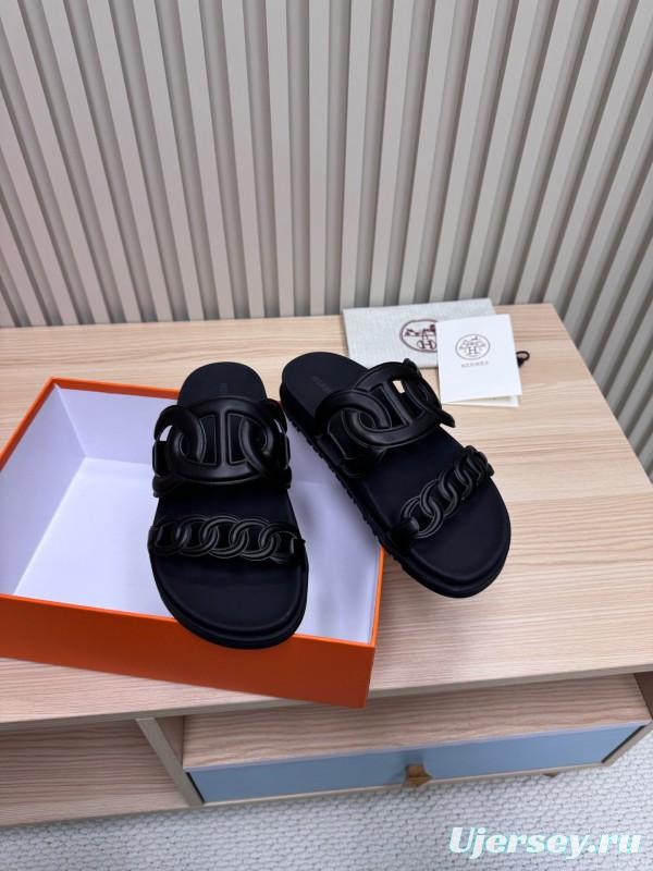 2025 Slippers Hermès Black Leather Slippers